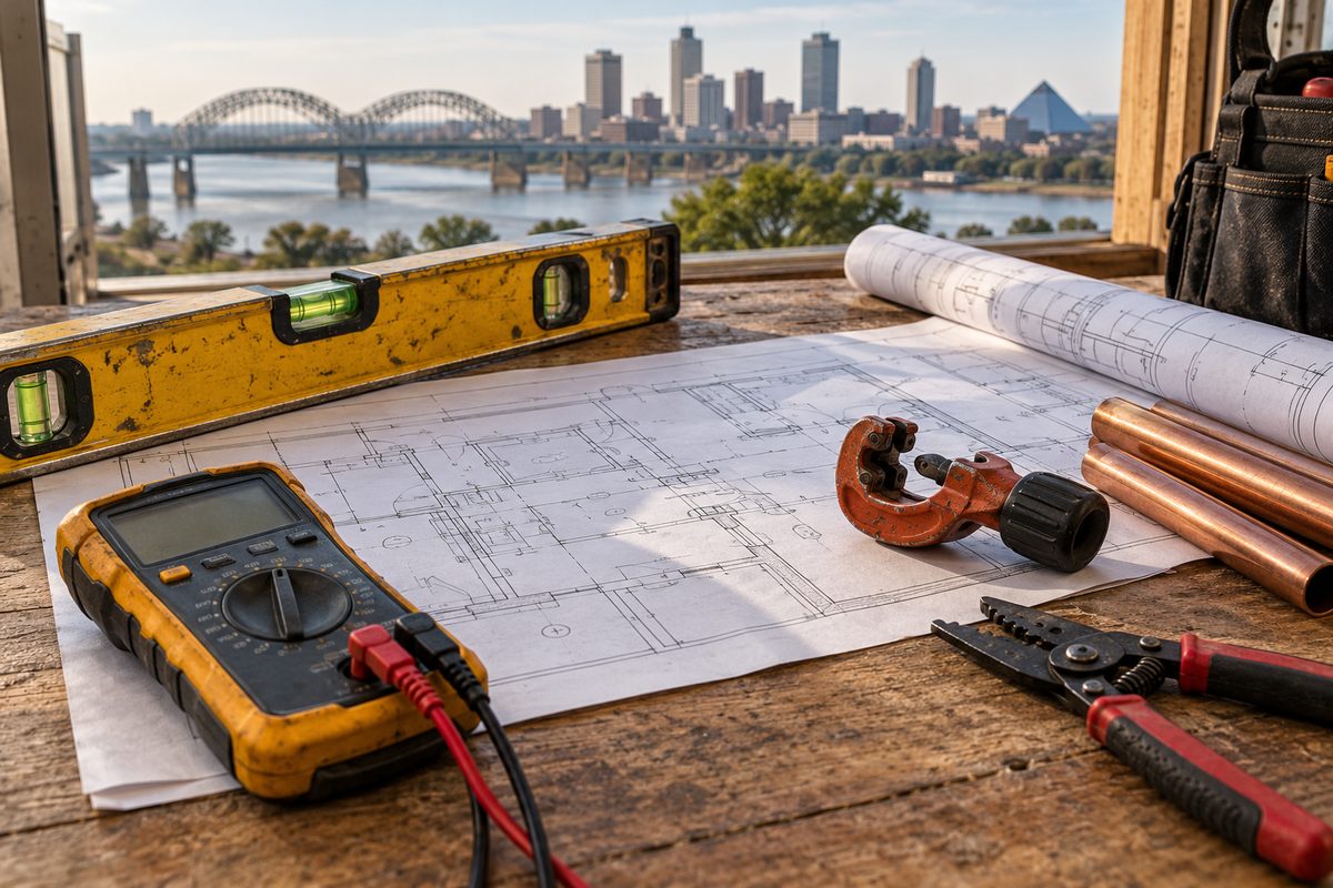 Professional contractor tools including multimeter, level, and copper cutter laid out on workbench.