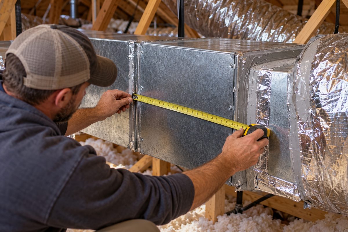 Custom sheet metal ductwork fabrication and measurement in residential mechanical space.