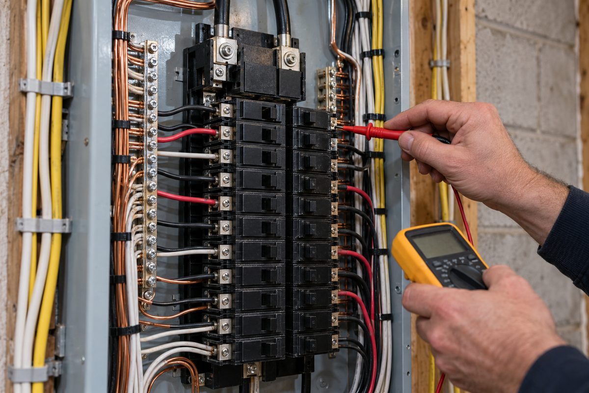 Electrical diagnostic troubleshooting inside a 200-amp residential circuit breaker panel.