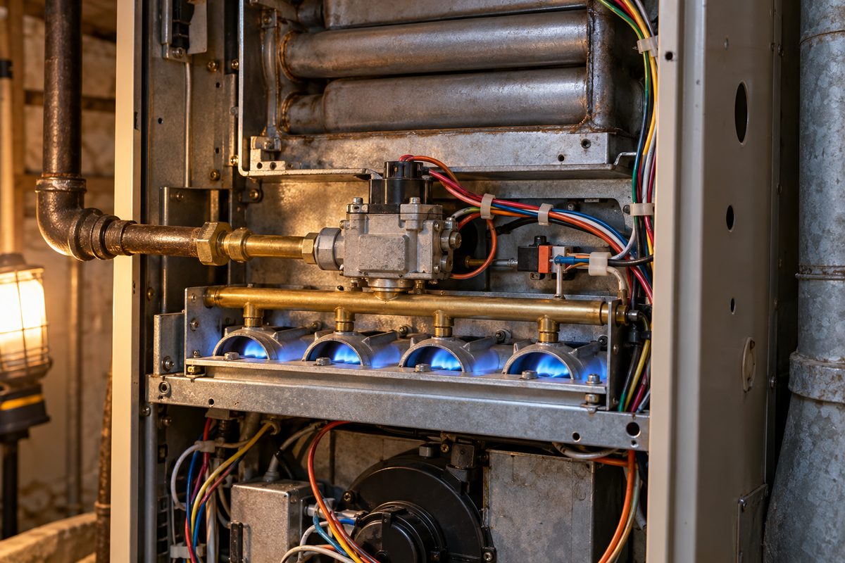 Gas furnace burner assembly and heat exchanger inspection during diagnostic service.