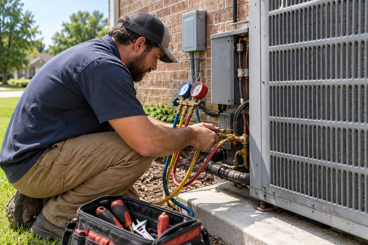 HVAC technician connecting diagnostic gauges to an outdoor condenser unit in Memphis.
