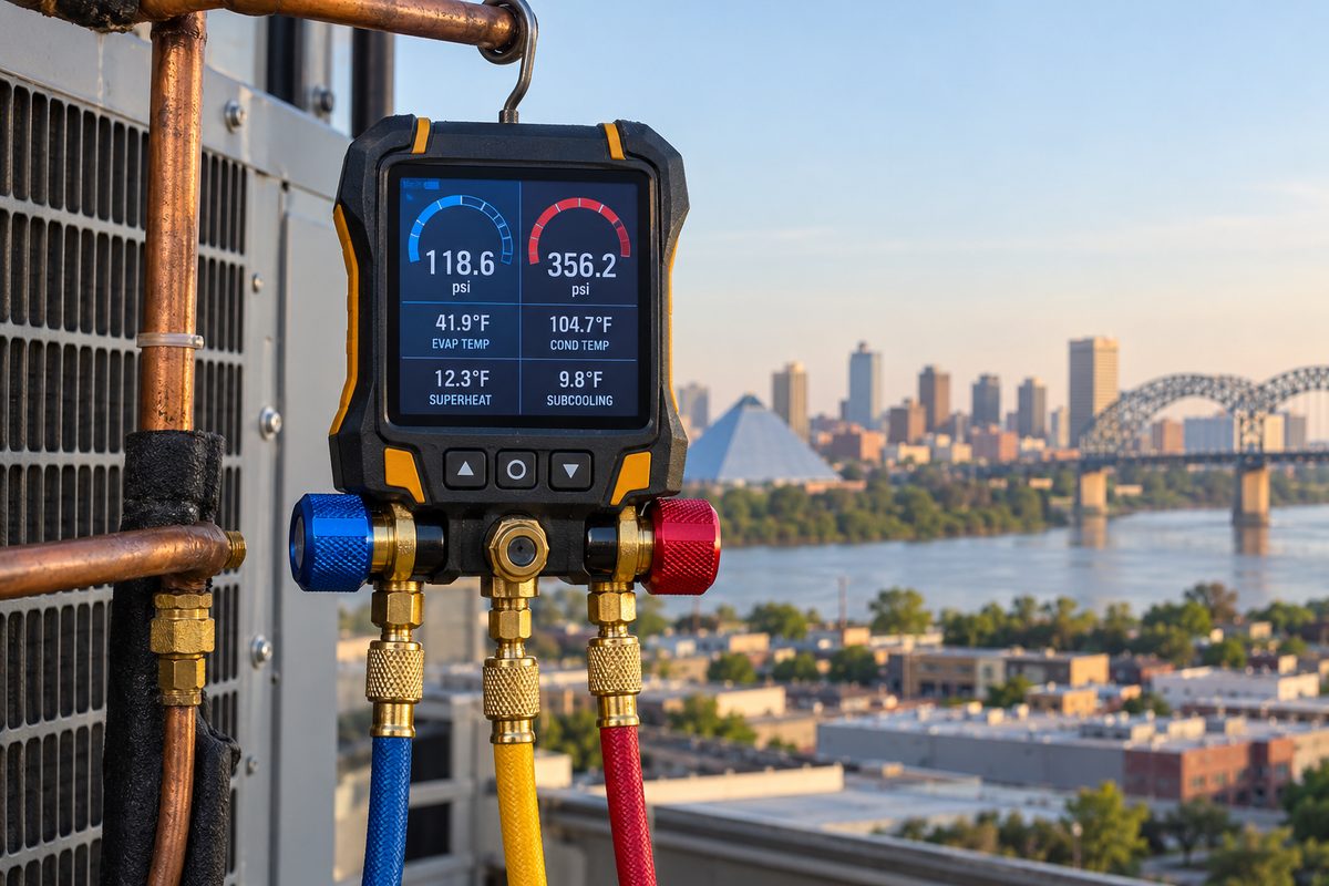 Digital manifold gauge displaying system pressure and temperature readings during diagnostic testing.