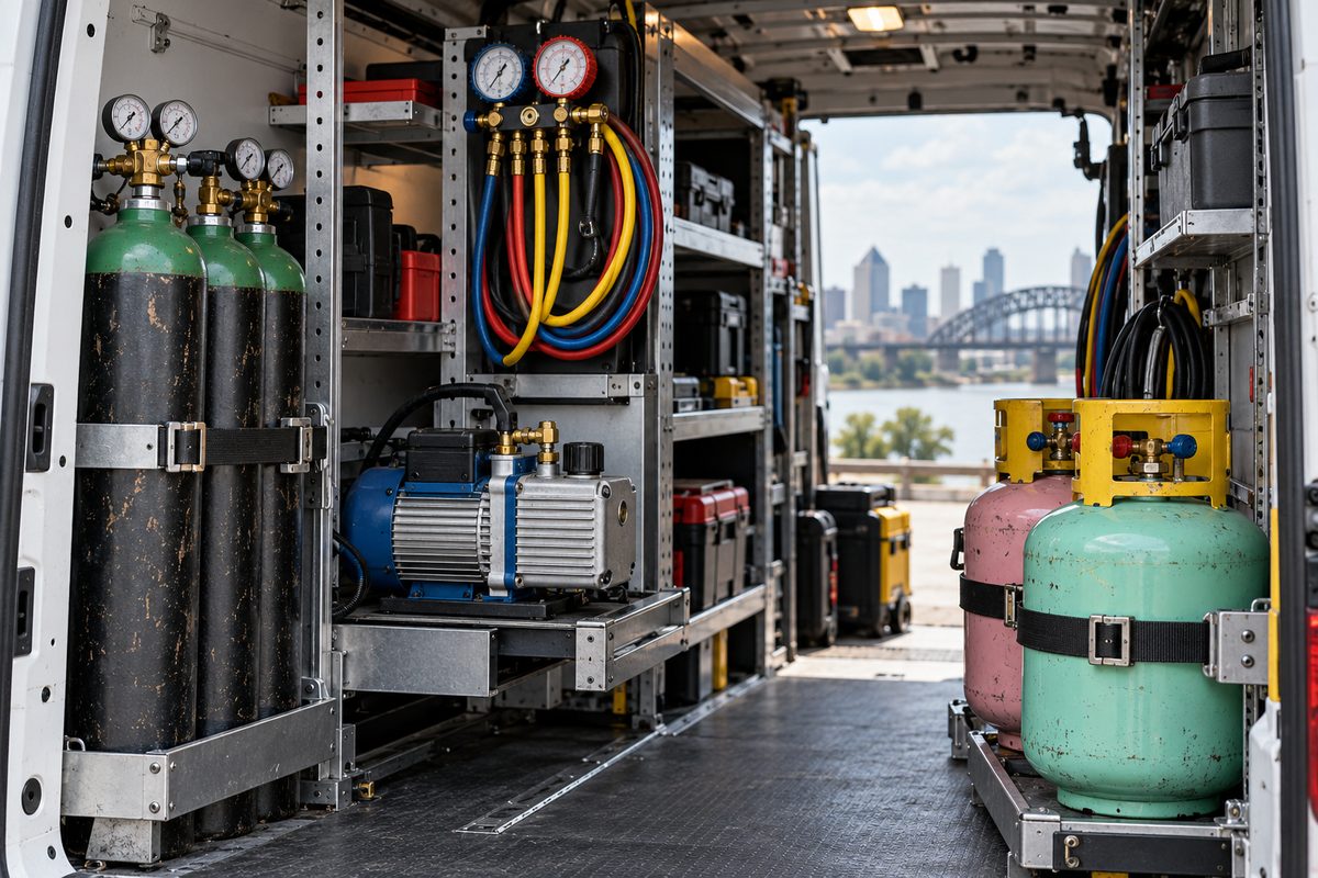 Mobile HVAC service vehicle interior stocked with vacuum pump and nitrogen testing equipment.