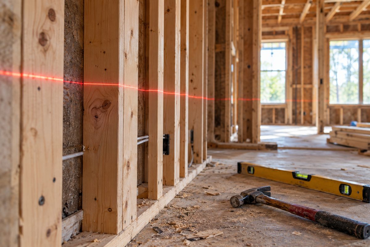 Interior wall stud framing and leveling alignment during home renovation work.