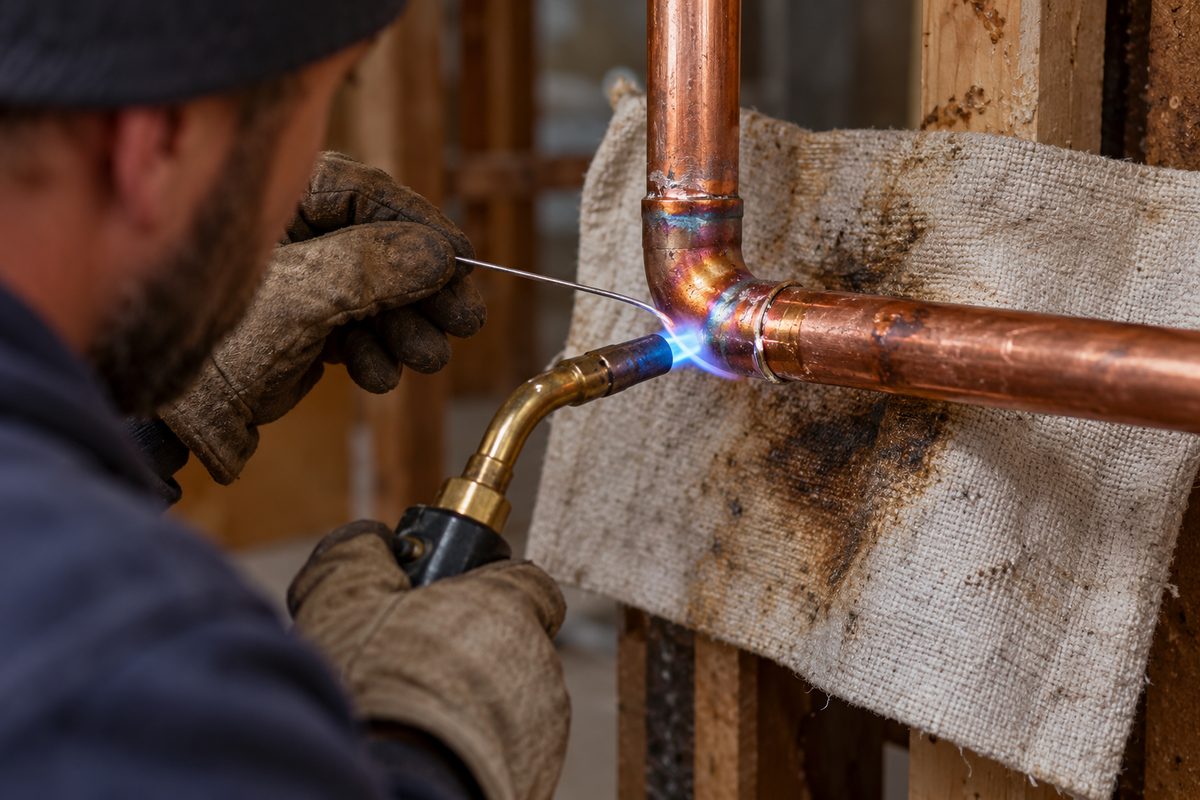 Plumber soldering a residential copper water pipe joint with torch and lead-free solder.