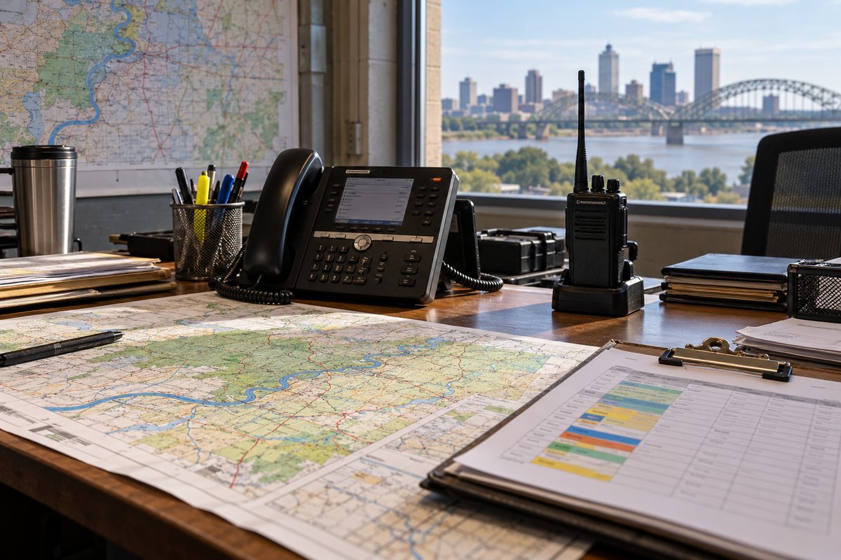 Contractor dispatch desk with telephone, fleet radio, and territory service scheduling logs.