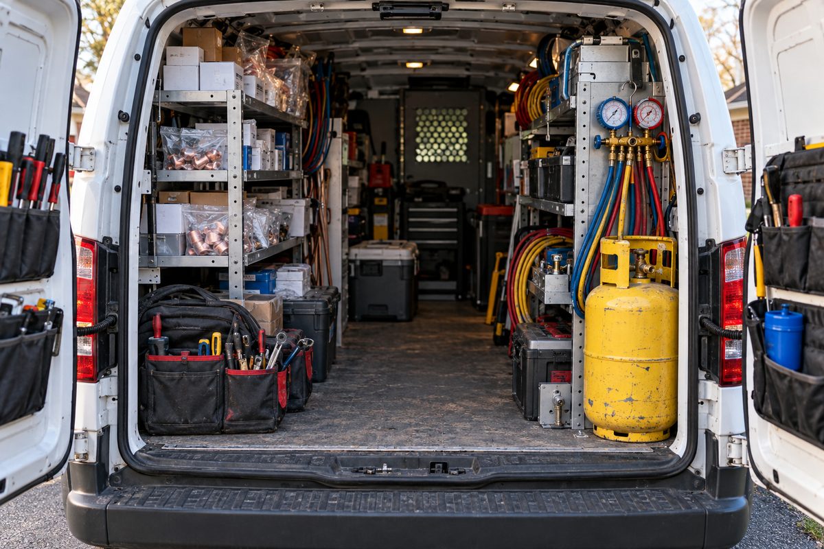 Organized contractor service vehicle stocked with HVAC and trade diagnostic equipment.